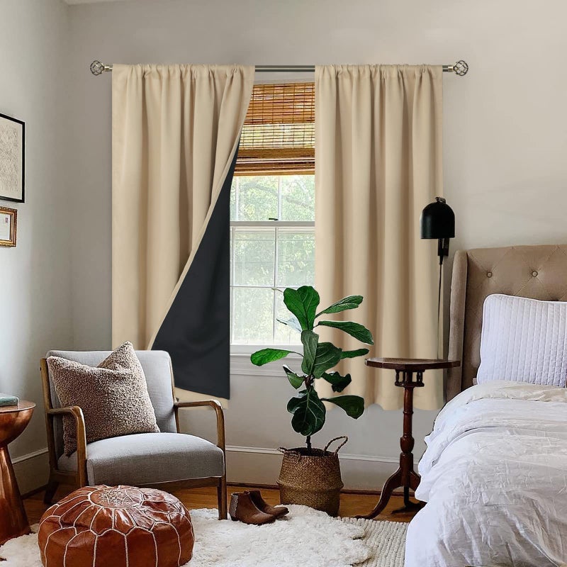 BGment Thermal Insulated 100% Blackout Curtains for Bedroom with Black Liner, Double Layer Full Room Darkening Noise Reducing Rod Pocket Curtain (52 x 63 Inch, Beige, 2 Panels) - Image 2